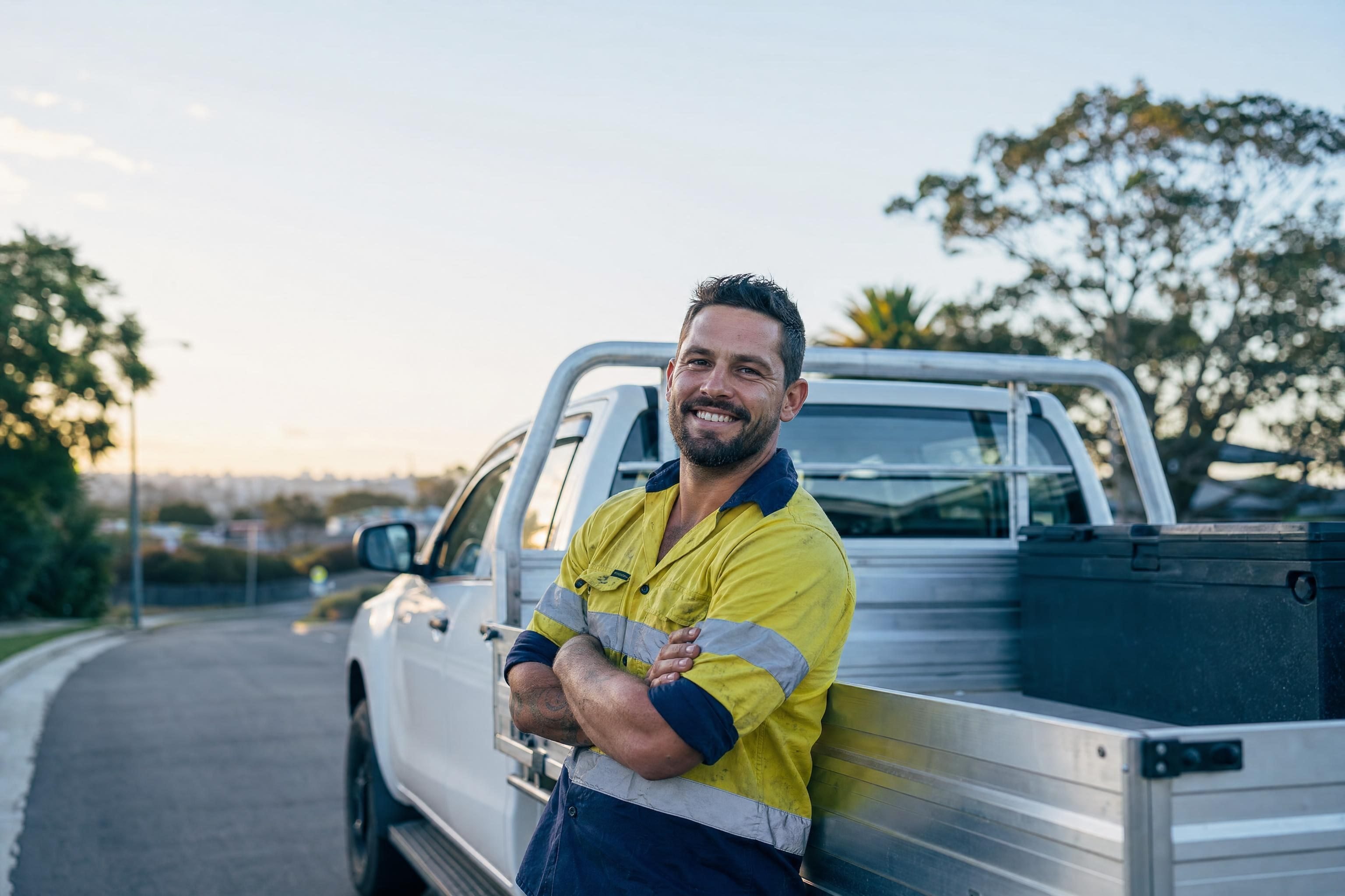 A tradie leaning on the tray of his new ute on a Sydney street at dawn