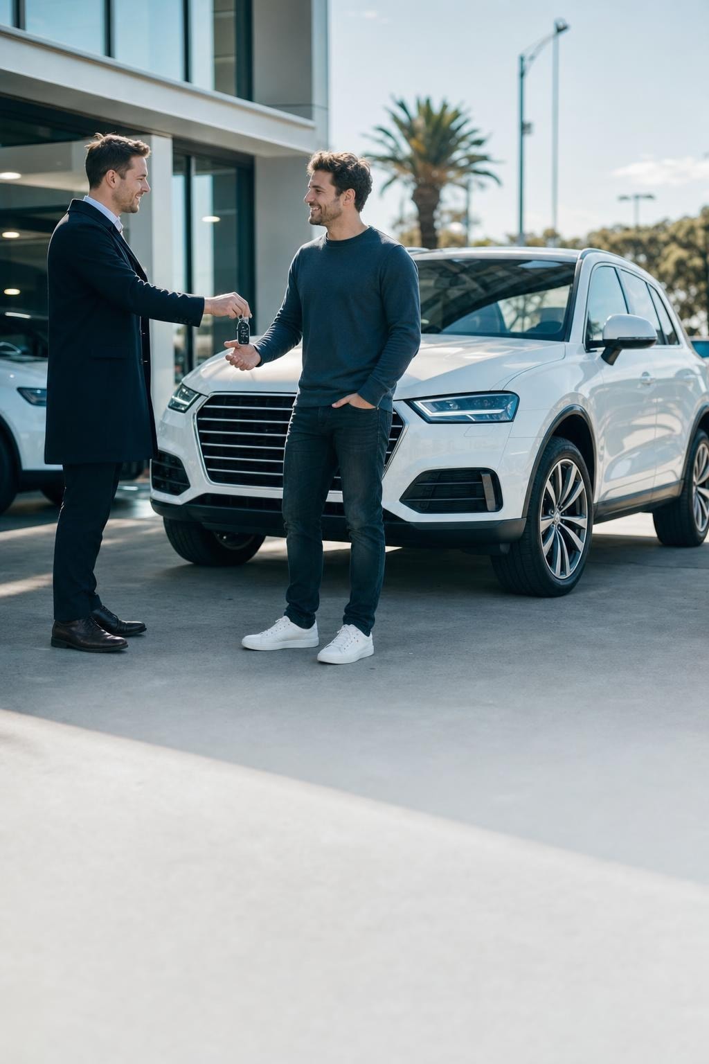 A man collecting the keys to a new SUV on a Sydney dealership forecourt