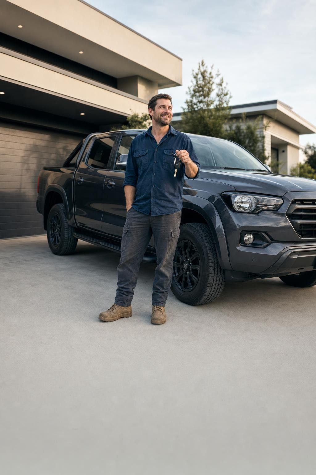 A man holding the keys to a new dual-cab ute delivered to his driveway