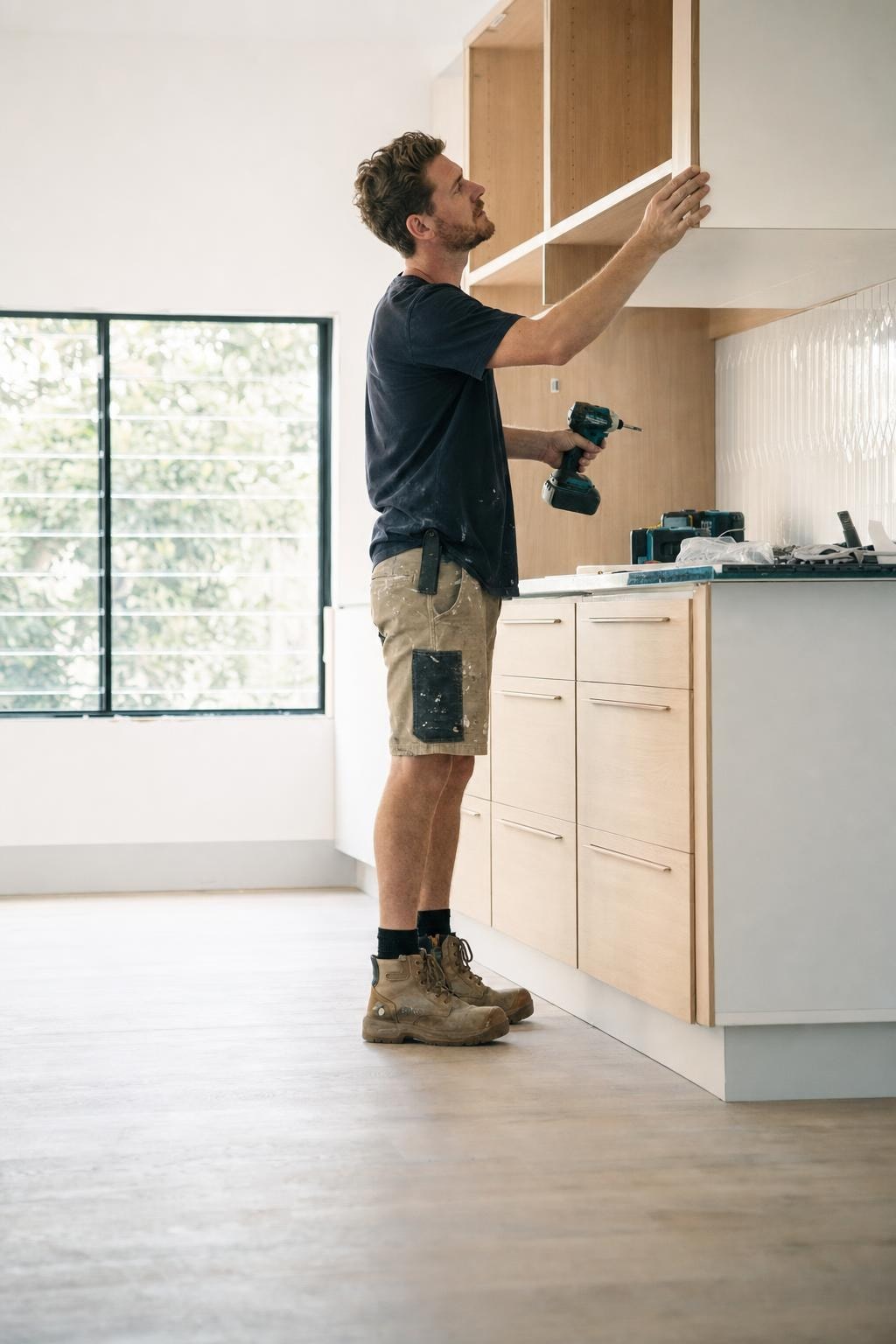 A man fitting new cabinets during a home kitchen renovation